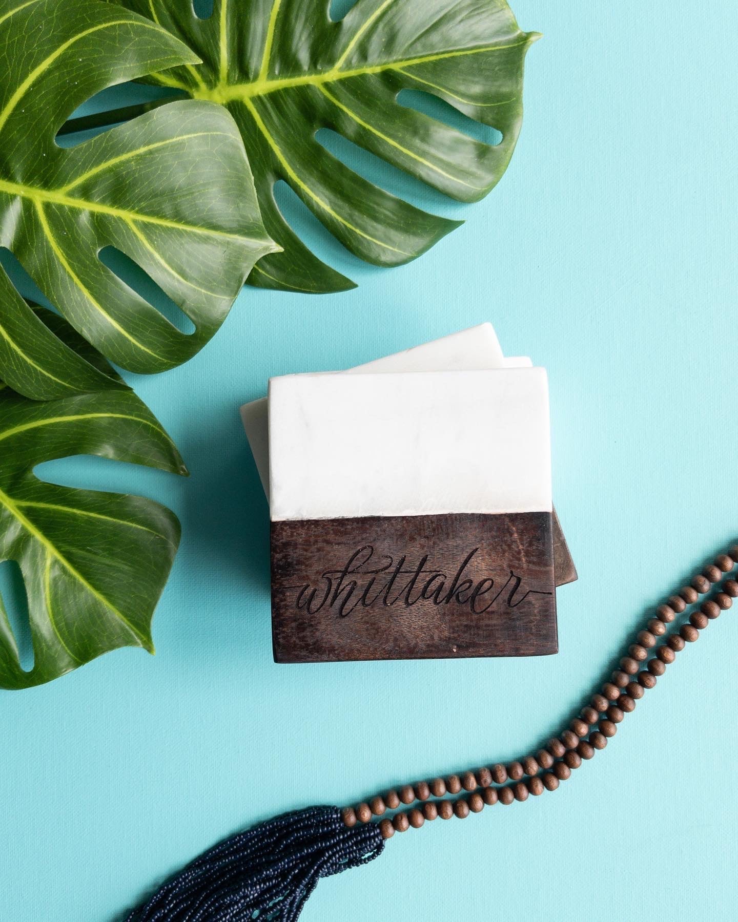 Marble & Acacia Wood Coaster Set of 4 for Airbnbs