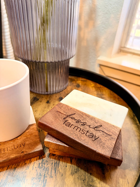Marble & Acacia Wood Coaster Set of 4 for Airbnbs